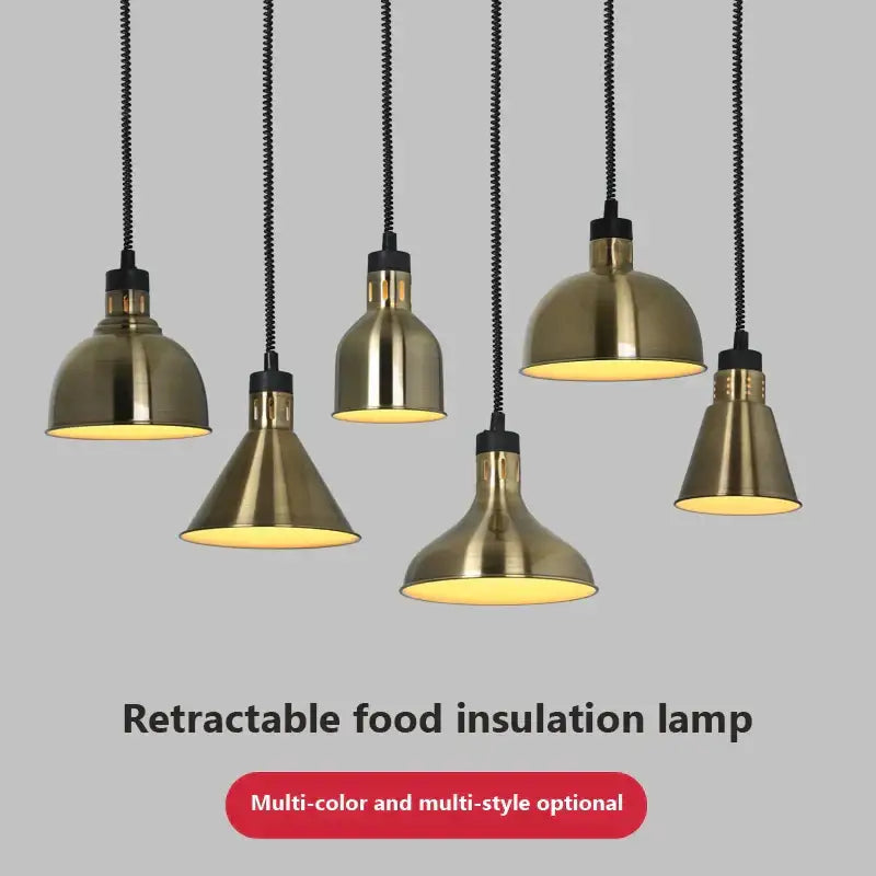 Brass-colored dome-shaped retractable electric 275w food heat pendant light with black cords for kitchen use