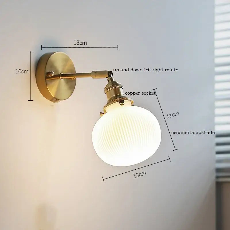 Vintage-style brass led wall sconce with ribbed ceramic led lampshade for bedroom mirror lighting decorbites ceramic led