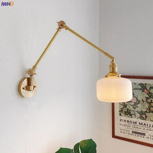 Brass-finished adjustable wall lamp with ribbed frosted glass shade by decorbites ceramic copper led for bedroom sconce decor