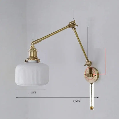 A vintage-style brass wall lamp with a white ribbed glass shade and adjustable arm for bedroom decorbites ceramic copper led use