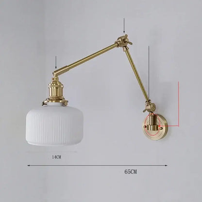 Vintage brass wall lamp with white ribbed glass shade and adjustable ceramic copper led arms by decorbites