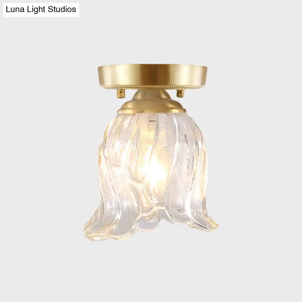 DecorBites brass 1-light semi flush mount with clear ripple fluted glass cone flower design for living room ceiling
