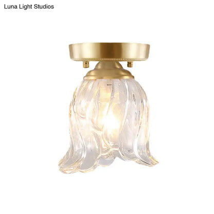 DecorBites brass 1-light semi flush mount with clear ripple fluted glass cone flower design for living room ceiling