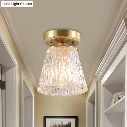 DecorBites brass semi flush mount with gold finish and clear ripple fluted cone flower glass shade for living room ceiling
