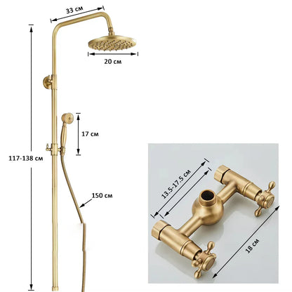 Brass shower faucet set wall mount featuring antique brass finish, 20 cm round rainhead, handheld sprayer, and cross-handle faucets