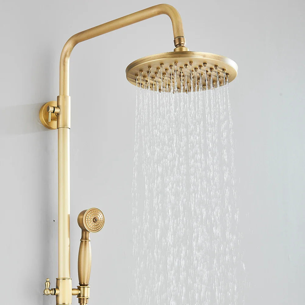 Brass shower faucet set wall mount with antique brass finish rainfall shower head handheld sprayer and vertical rail