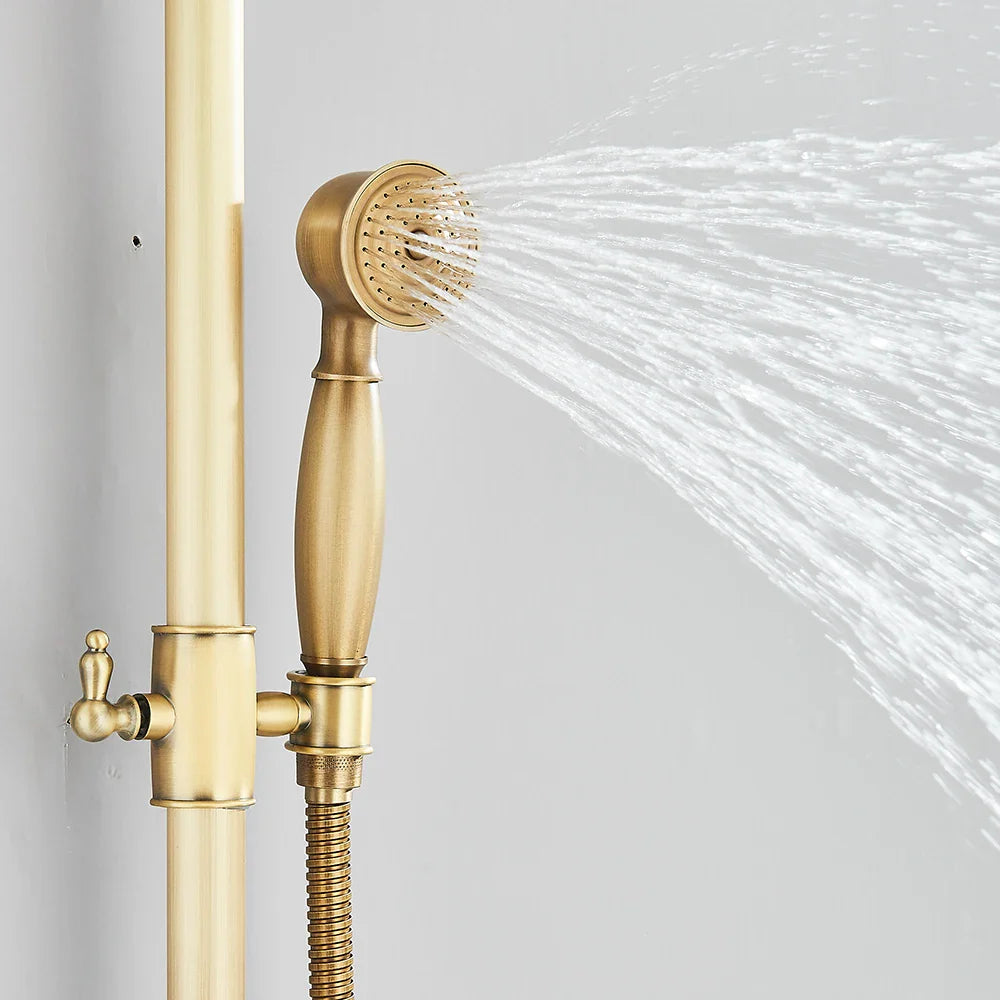 Gold-toned antique brass handheld showerhead with classic elongated handle and textured grip for brass shower faucet set wall mount