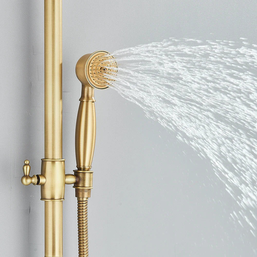 Gold-finished antique brass showerhead with elongated handle and textured grip for brass shower faucet set wall mount