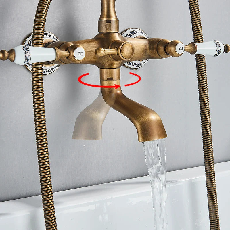 Antique brass shower faucet wall mount with white ceramic cold water handles and central spout for bath and shower use
