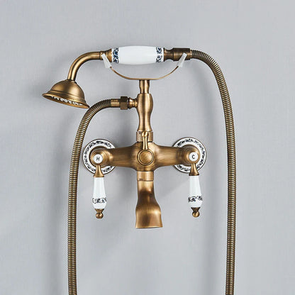 Antique brass shower faucet wall mount with white ceramic handles and blue floral patterns for cold water control