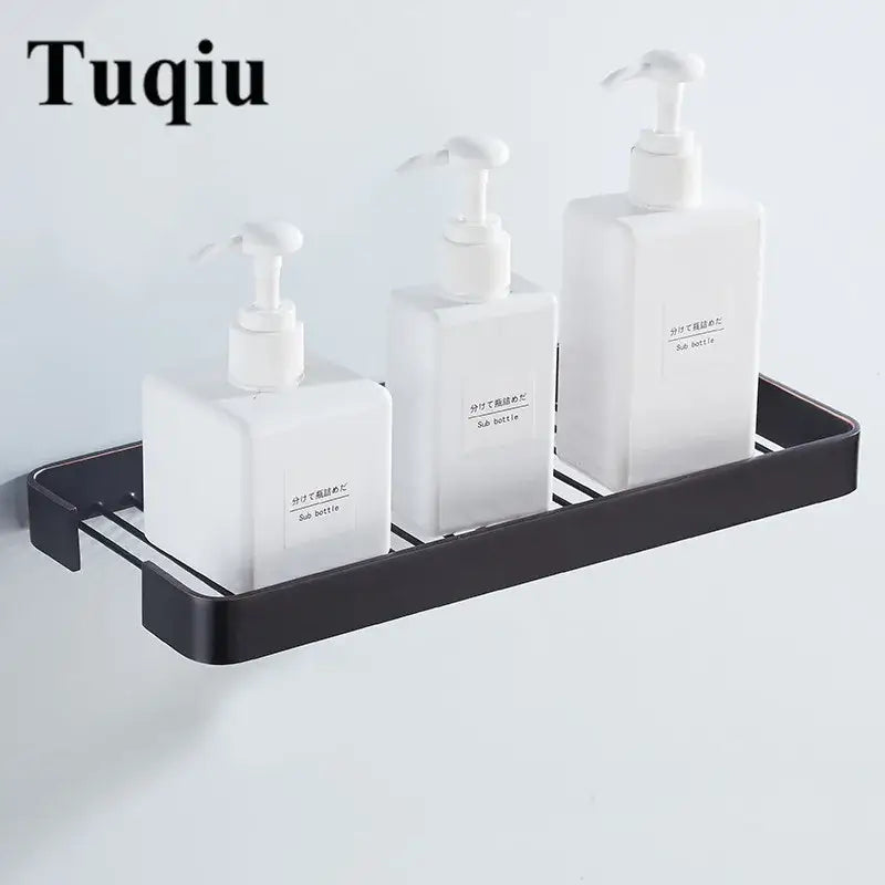 Black metal wall-mounted soap dispenser rack holding three white pump bottles for decorbites brass square bathroom shower use