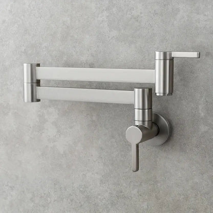 Brass wall mounted pot filler kitchen faucet with stainless steel extendable gooseneck and dual handles for kitchen use