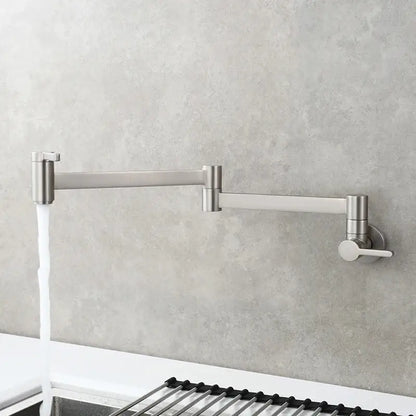Brass wall mounted pot filler kitchen faucet with stainless steel gooseneck and adjustable arms for modern kitchens