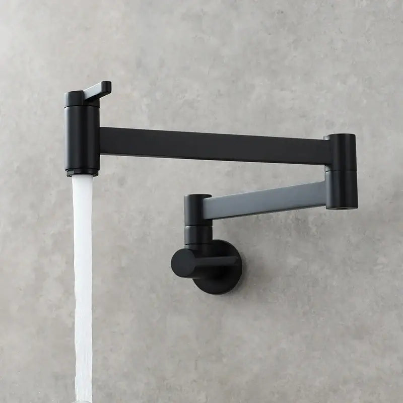 Black matte-finish brass wall mounted pot filler kitchen faucet with articulated gooseneck and sleek modern design