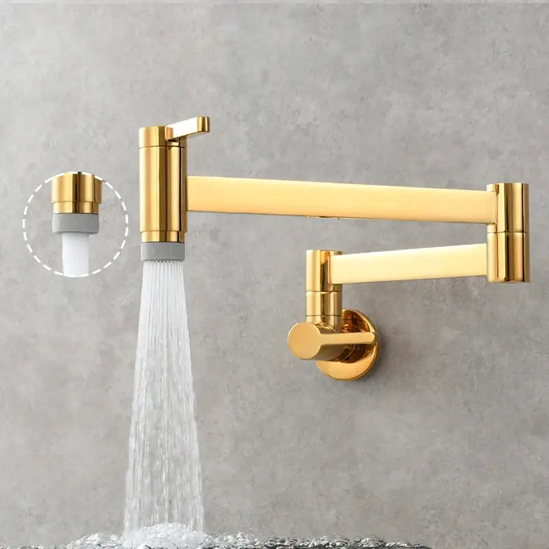 Brass wall mounted pot filler kitchen faucet with gold-colored extendable articulated gooseneck and sleek metallic finish