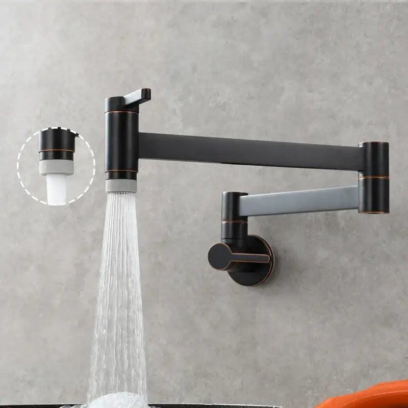 Brass wall mounted pot filler kitchen faucet with black matte finish, articulated gooseneck, and copper toned accents