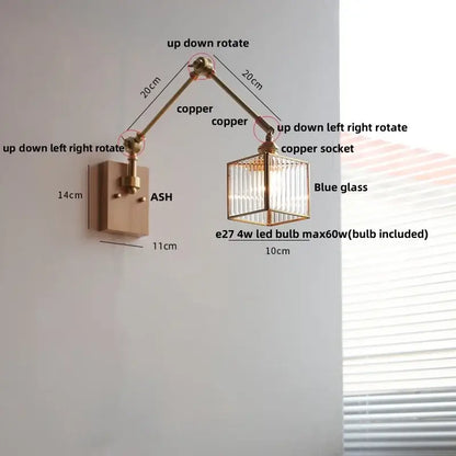 Adjustable copper wall lamp with blue glass cube shade featuring led rotatable design for hallway lighting