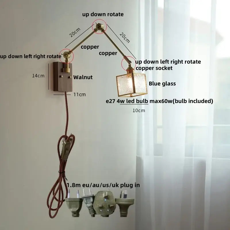 Adjustable copper led wall lamp with blue glass shade and walnut-finished mounting plate rotatable for hallway use