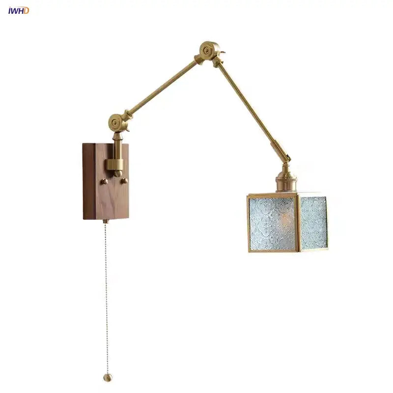 Brass walnut led wall lamp with adjustable brass sconce wooden backplate and frosted glass panels rotatable wall lamp