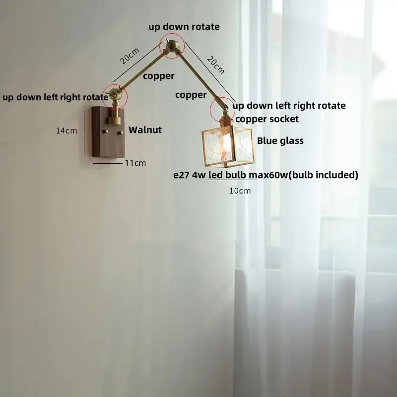 Adjustable copper led wall lamp with blue glass shade and walnut-finished mounting plate for hallway use