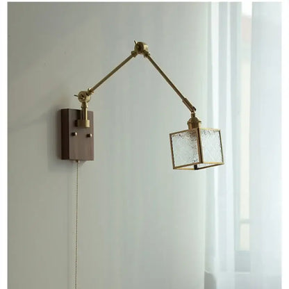Brass walnut led wall lamp with adjustable brass finish, wooden base, and textured glass cube shade for hallway lighting
