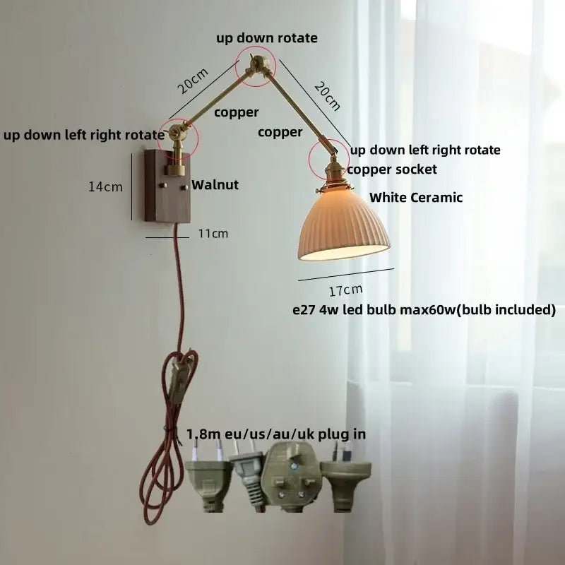 Adjustable copper wall sconce with white ceramic ball brass shade for bedroom wall light decorbites ceramic ball