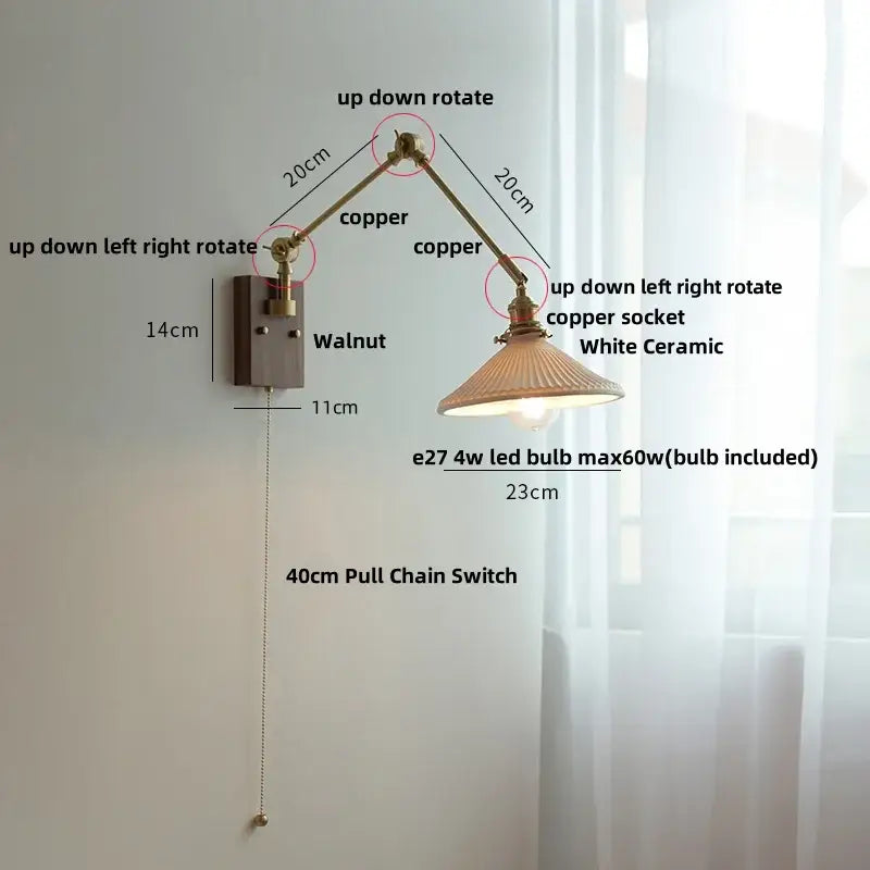 Copper adjustable wall light with white ceramic ball shade and walnut mounting plate for decorbites ceramic ball brass décor