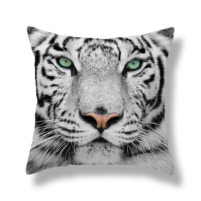 Square throw pillow with brave tiger pattern print of white tiger with green eyes on soft fabric for living room decor