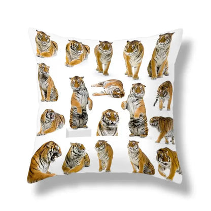 White throw pillow with a brave tiger pattern print collage in orange and black stripes for living room decor