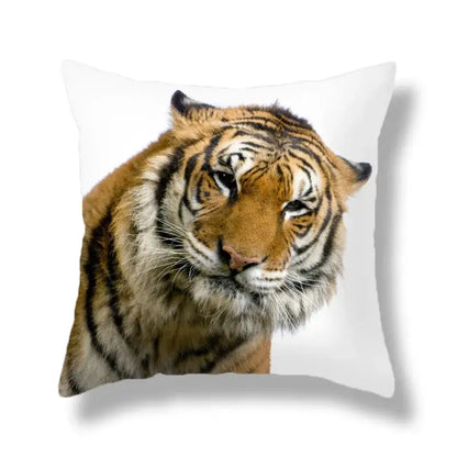 White throw pillow with a brave tiger pattern print featuring a realistic orange and black tiger for living room decor