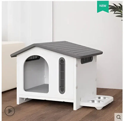 White and gray plastic breathable four seasons dog house with slanted roof side vents and attached feeding tray for living room