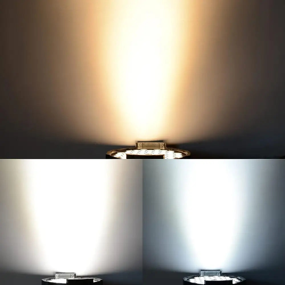 Circular recessed led wall washing strobe light fixture with metallic finish emitting warm yellow and cool white beams