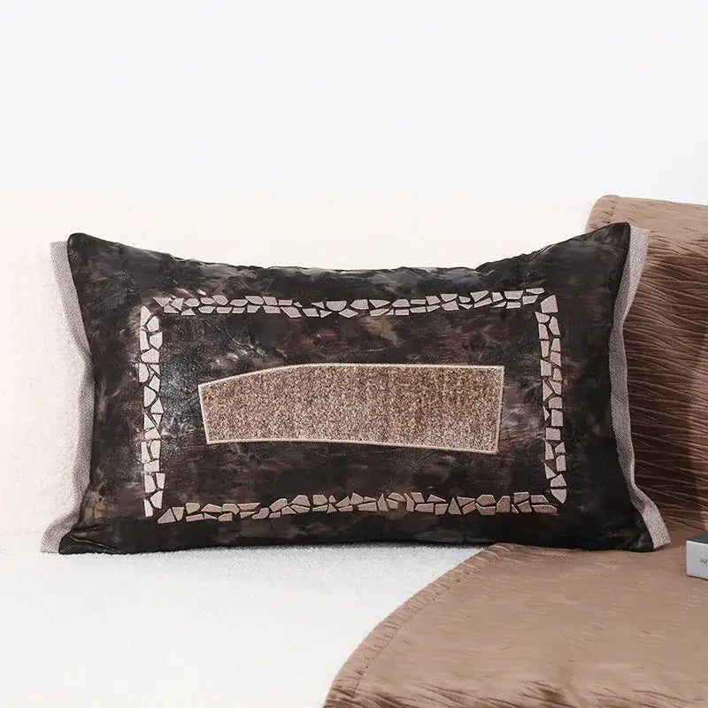 Dark brown velvet cushion cover with brighton cross stitch mosaic border in beige and tan woven leather design