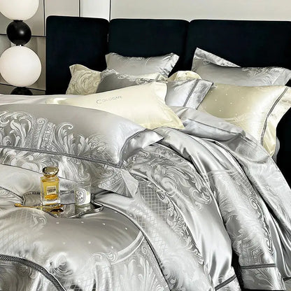 Luxurious silver brocade satin jacquard bedding set with intricate damask embroidery and subtle sheen by decorbites