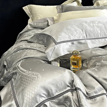 Silver satin bedding set with intricate damask embroidery and black lace trim by decorbites brocade satin jacquard