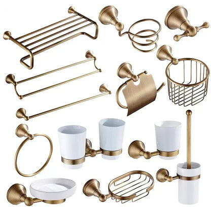 Brass-finished bronze bathroom accessories set with white ceramic cups and soap dish for elegant bathroom decorbites decor