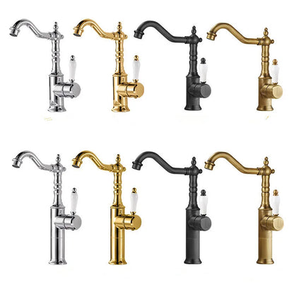 Bronze basin faucet antique deck mounted with vintage polished metallic finish and white ceramic handle for cold water use