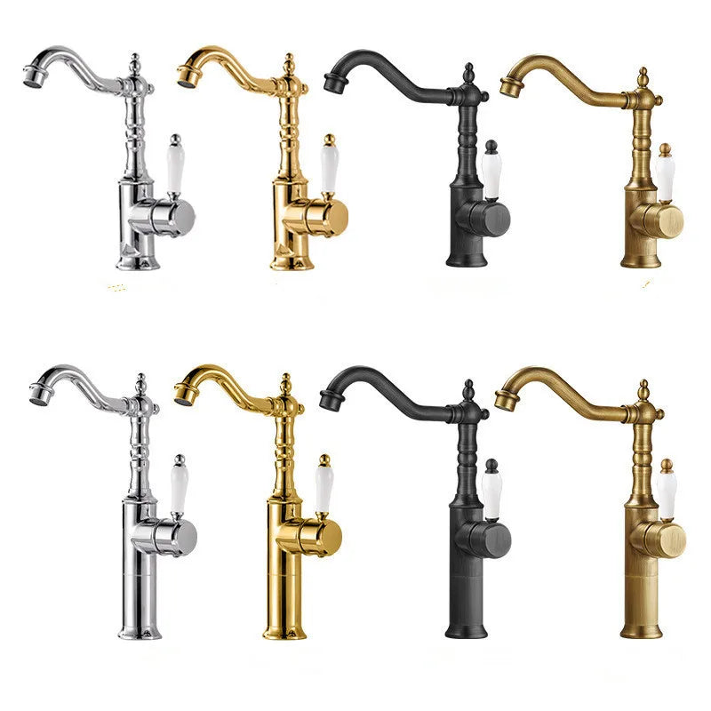 Bronze basin faucet antique deck mounted with vintage polished metallic finish and white ceramic handle for cold water use