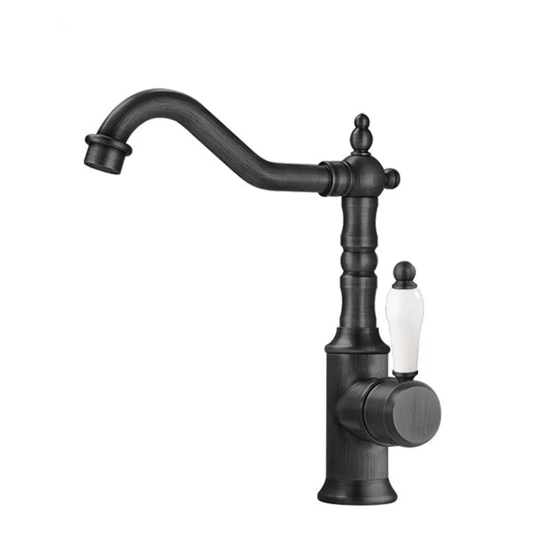 Black matte basin faucet with white ceramic handle and vintage design for cold water deck mounted use
