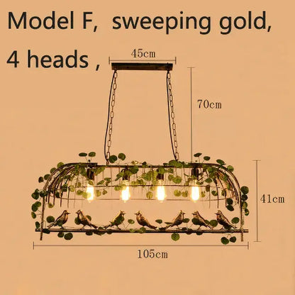 Sweeping gold bronze birdcage pendant lights with four heads, wrought iron frame, green vines, and perched birds for dining room decorbites birdcage pendant