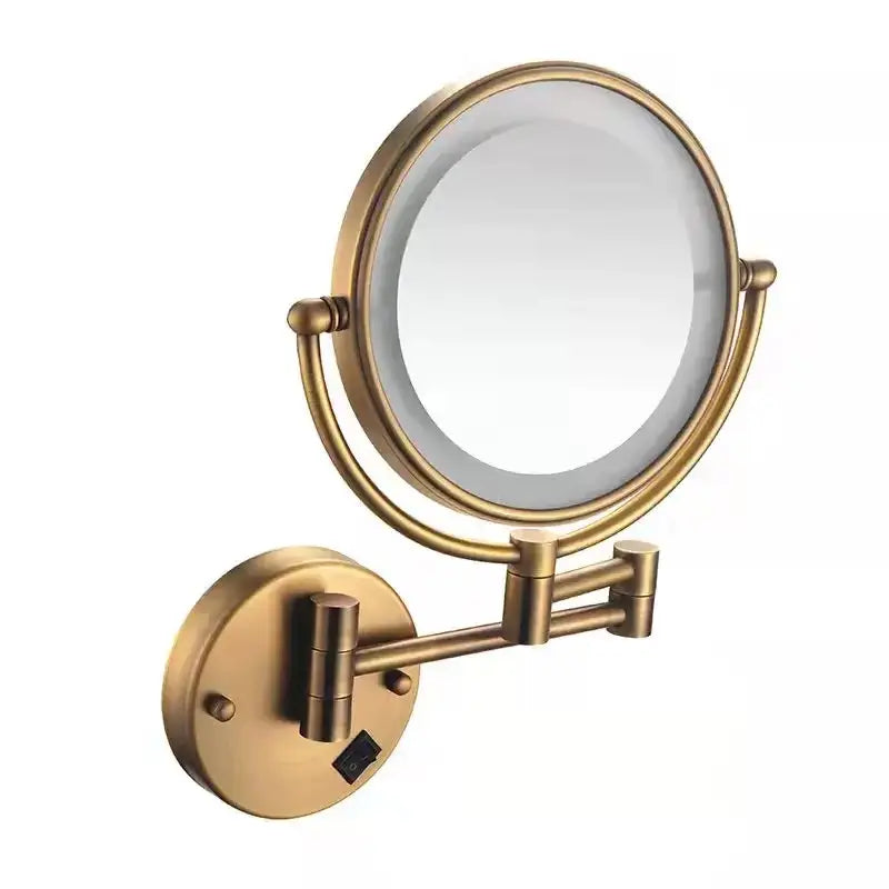 Bronze brass wall mounted led makeup mirror with adjustable arms and circular frame in decorbites bronze brass finish