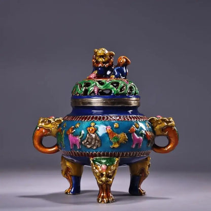 Blue enamel bronze cloisonne lion incense burner with gold handles feet colorful figures and golden guardian lid decorbites decor