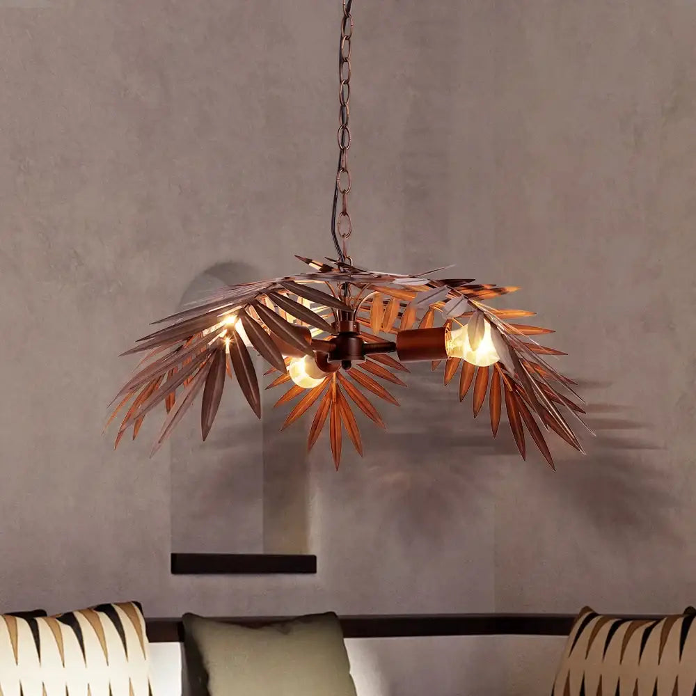 Bronze coconut tree pendant lamp with leaf-shaped bronze-finished metal arms and exposed bulbs for dining room decorbites bronze coconut