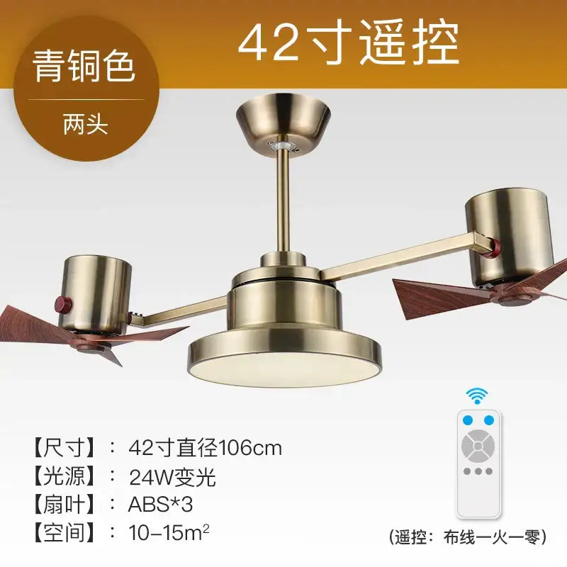 Bronze decorbites ceiling fan with 42-inch dual heads, wooden blades, and integrated lighting for living room use