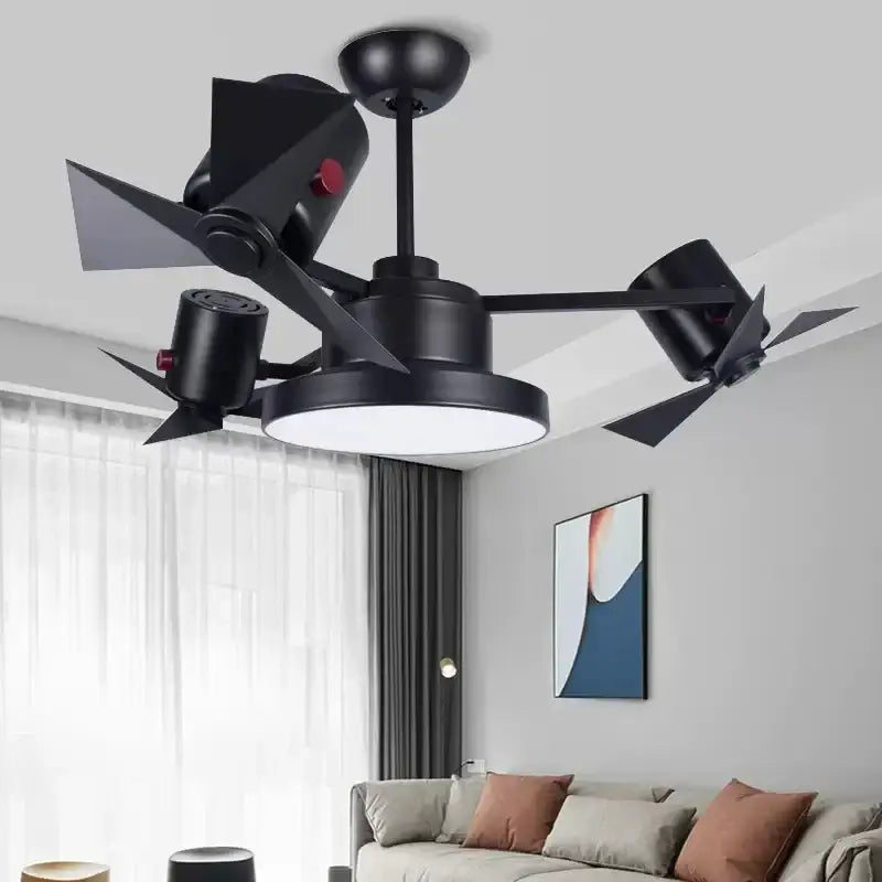 Black industrial-style decorbites ceiling fan with integrated lighting and adjustable spotlights for living room use