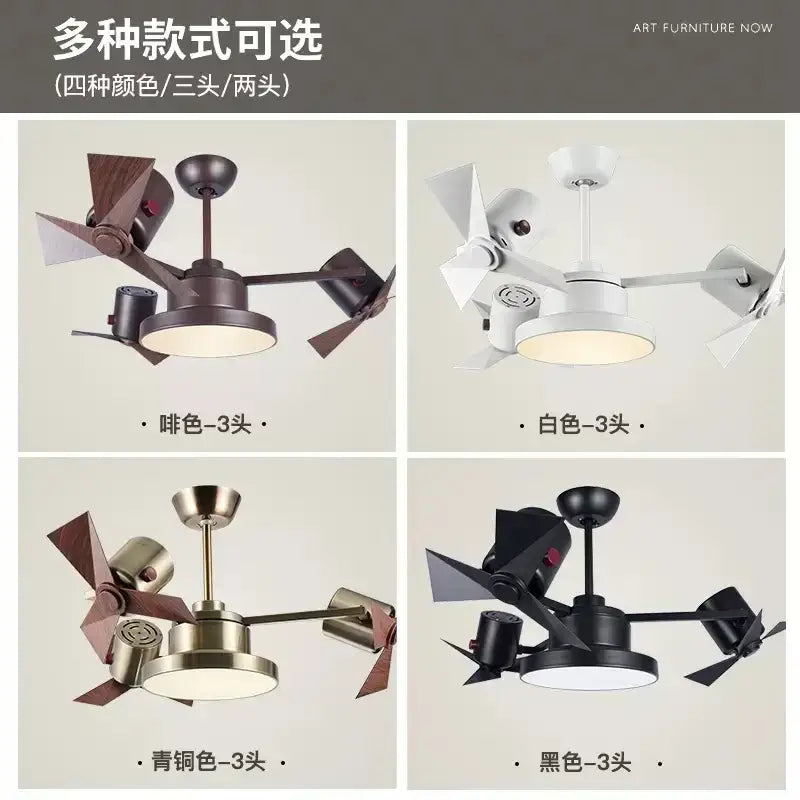 Modern three-headed decorbites ceiling fan with bronze metallic finishes and wood blades for living room use