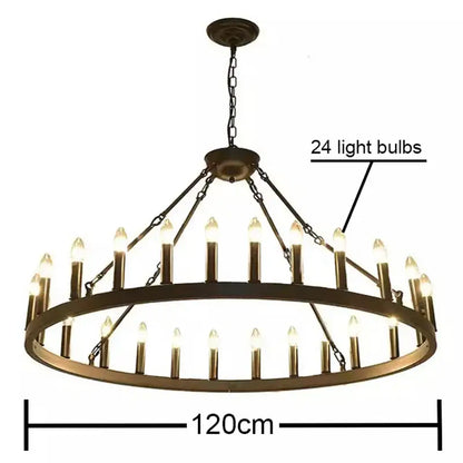 Antique brass decorbites iron round double-ring led pendant chandelier with 24 candle-style bulbs for living room