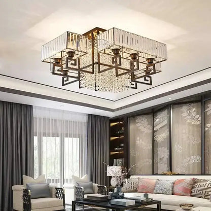 Bronze geometric crystal rectangular ceiling pendant light with faceted crystals for living room decorbites crystal rectangular