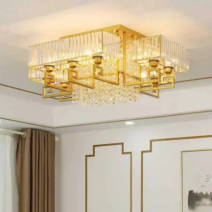 Gold-finished decorbites crystal rectangular ceiling pendant light with vertical rods and dangling faceted crystals for living room