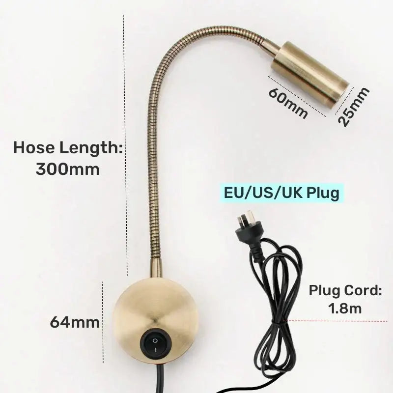 Bronze gooseneck led wall lamp with brass finish flexible hose and eu us uk plug for bedroom reading sconce decorbites bronze gooseneck